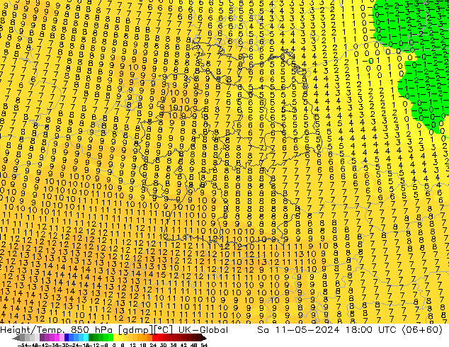 Geop./Temp. 850 hPa UK-Global sáb 11.05.2024 18 UTC