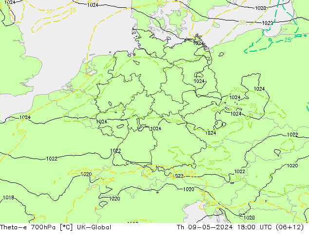Theta-e 700hPa UK-Global 星期四 09.05.2024 18 UTC