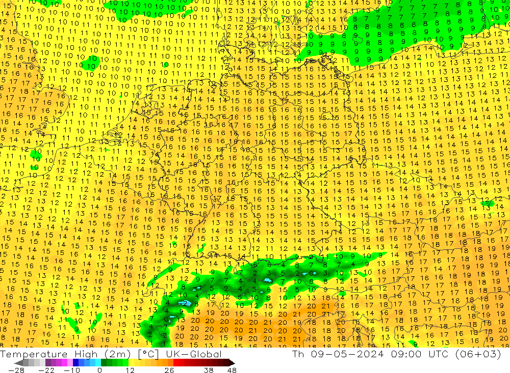 Temperature High (2m) UK-Global 星期四 09.05.2024 09 UTC