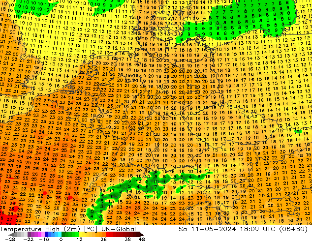 Temperature High (2m) UK-Global Sa 11.05.2024 18 UTC