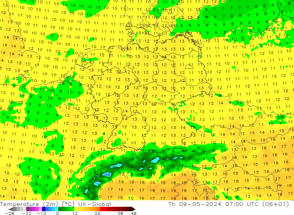 Temperatura (2m) UK-Global jue 09.05.2024 07 UTC