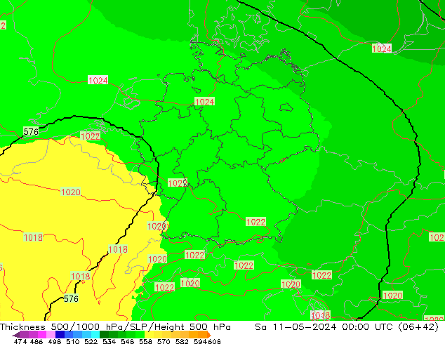 Espesor 500-1000 hPa UK-Global sáb 11.05.2024 00 UTC