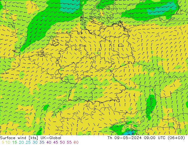 Surface wind UK-Global Čt 09.05.2024 09 UTC