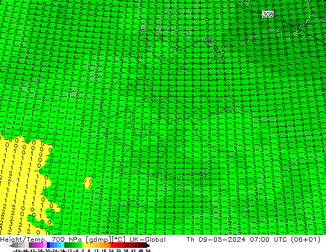 Height/Temp. 700 hPa UK-Global 星期四 09.05.2024 07 UTC