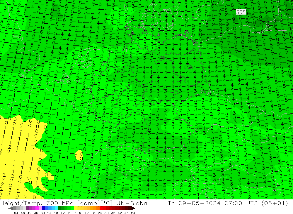 Height/Temp. 700 hPa UK-Global 星期四 09.05.2024 07 UTC