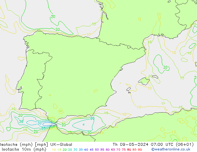 Isotachs (mph) UK-Global Th 09.05.2024 07 UTC