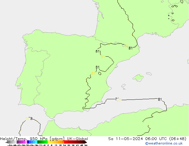 Height/Temp. 950 hPa UK-Global so. 11.05.2024 06 UTC