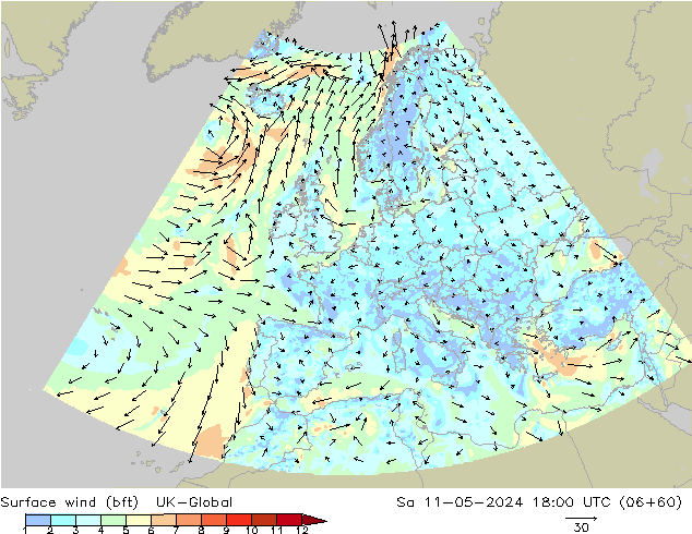 Surface wind (bft) UK-Global Sa 11.05.2024 18 UTC