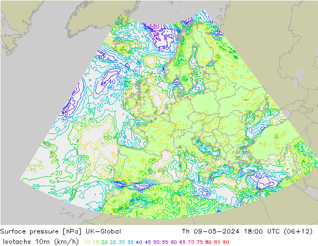 Isotachs (kph) UK-Global gio 09.05.2024 18 UTC