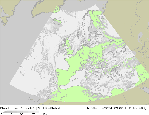 Cloud cover (middle) UK-Global Th 09.05.2024 09 UTC