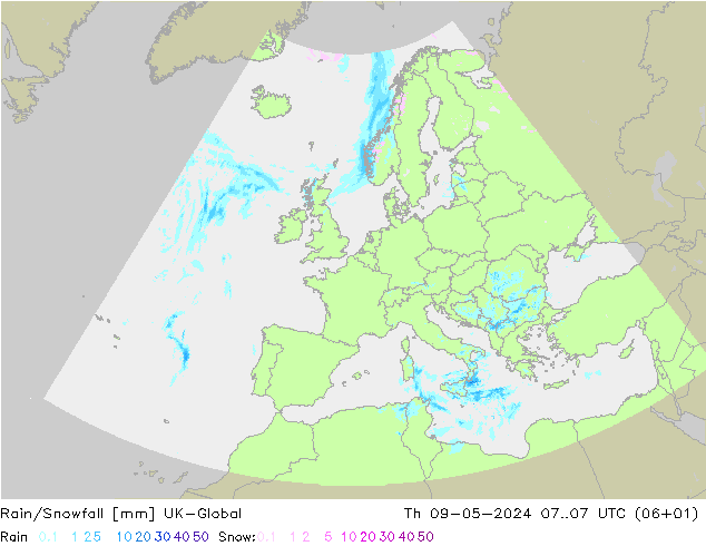 Rain/Snowfall UK-Global 星期四 09.05.2024 07 UTC