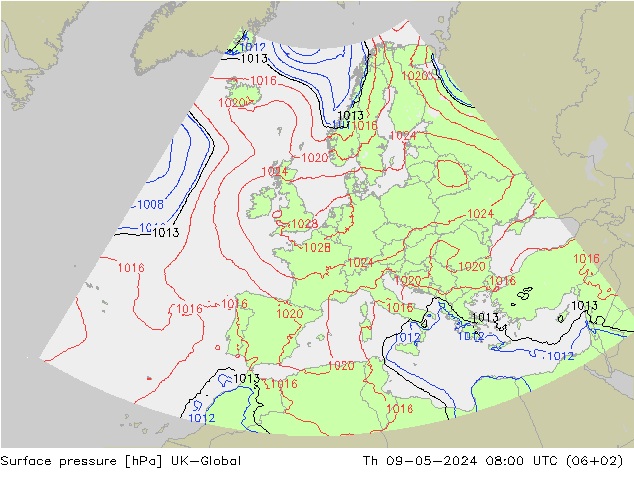 Atmosférický tlak UK-Global Čt 09.05.2024 08 UTC