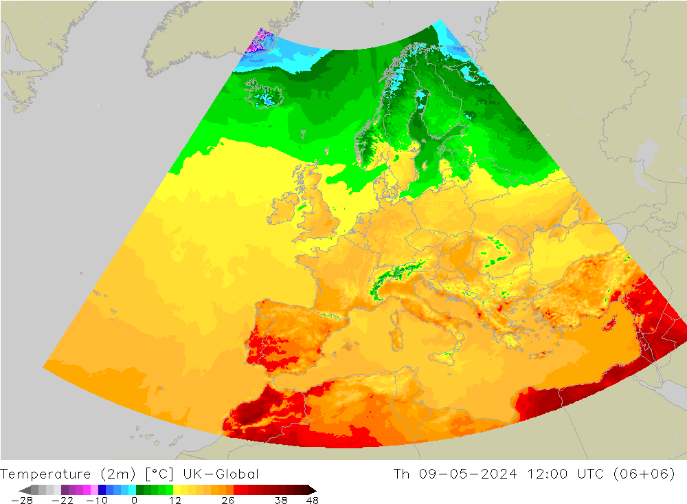 Temperaturkarte (2m) UK-Global Do 09.05.2024 12 UTC