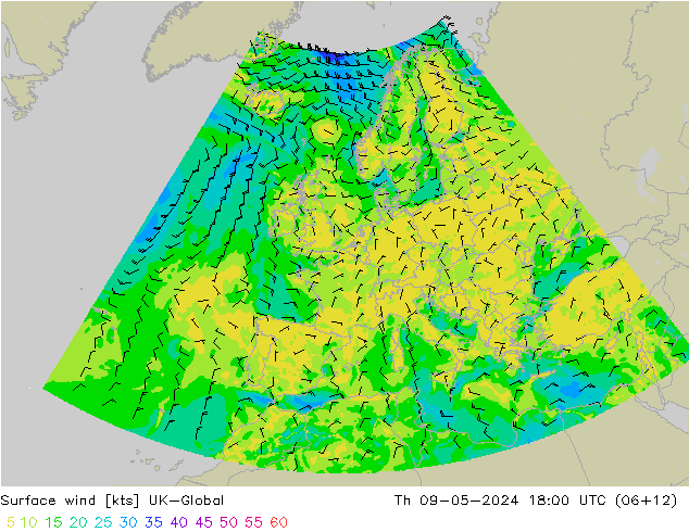Surface wind UK-Global Čt 09.05.2024 18 UTC