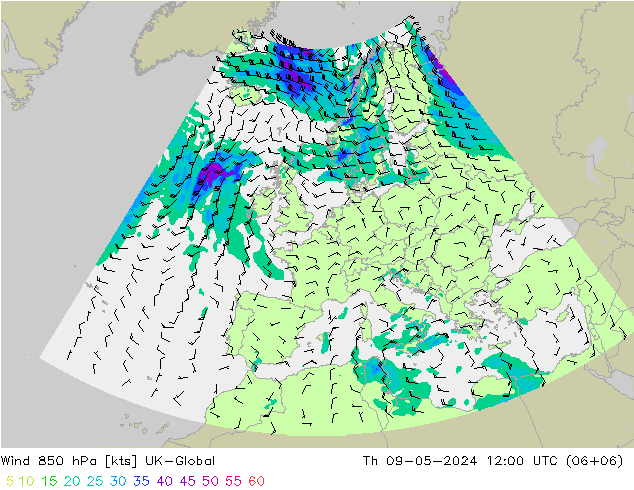 风 850 hPa UK-Global 星期四 09.05.2024 12 UTC
