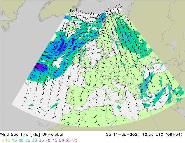 wiatr 850 hPa UK-Global so. 11.05.2024 12 UTC