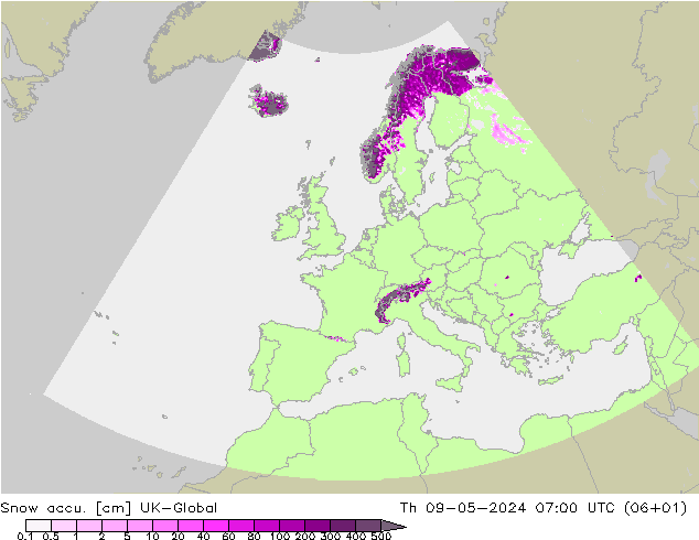 Snow accu. UK-Global czw. 09.05.2024 07 UTC