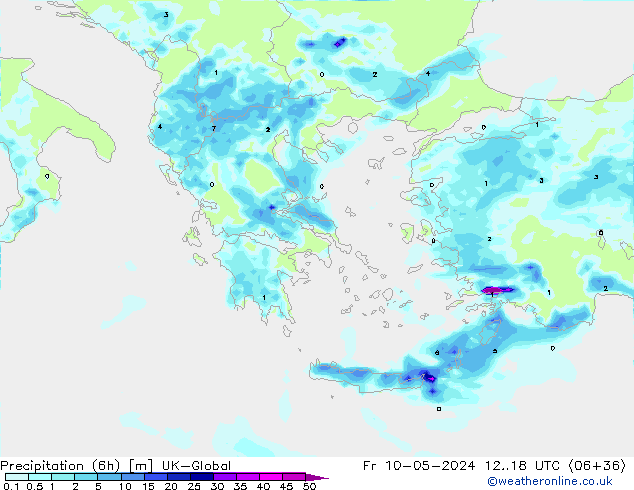 Precipitation (6h) UK-Global Fr 10.05.2024 18 UTC
