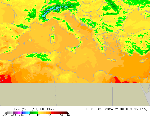 Temperatura (2m) UK-Global Qui 09.05.2024 21 UTC