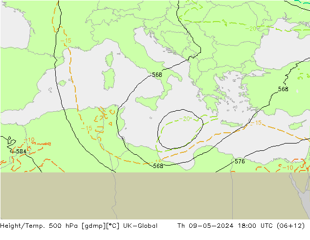 Height/Temp. 500 hPa UK-Global czw. 09.05.2024 18 UTC