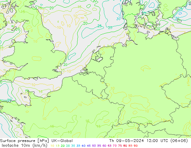 Isotachs (kph) UK-Global Th 09.05.2024 12 UTC