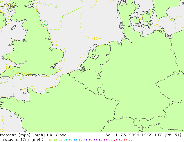 Isotachen (mph) UK-Global za 11.05.2024 12 UTC