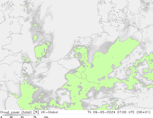 Nubes (total) UK-Global jue 09.05.2024 07 UTC