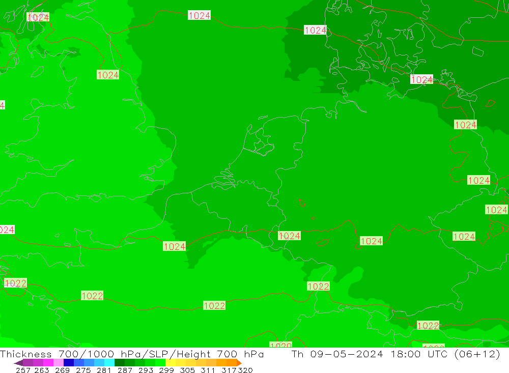 Schichtdicke 700-1000 hPa UK-Global Do 09.05.2024 18 UTC