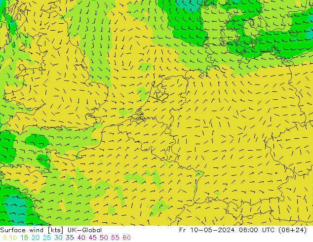 Surface wind UK-Global Pá 10.05.2024 06 UTC