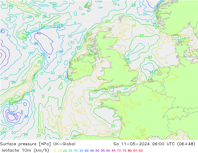 Isotachen (km/h) UK-Global za 11.05.2024 06 UTC