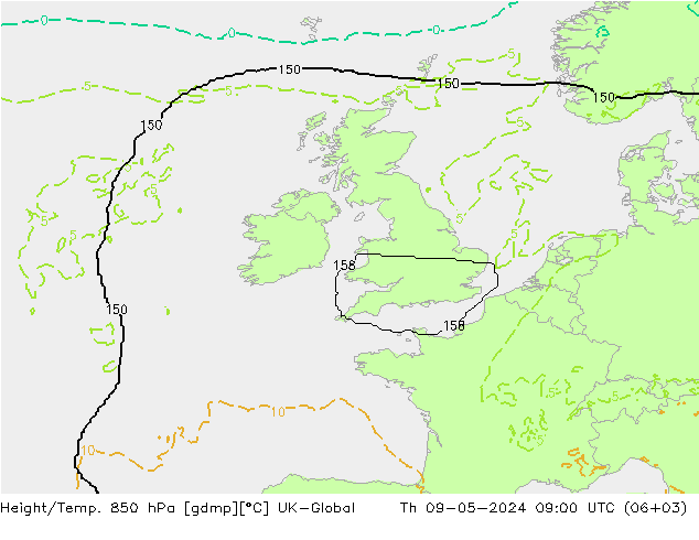 Height/Temp. 850 hPa UK-Global Do 09.05.2024 09 UTC