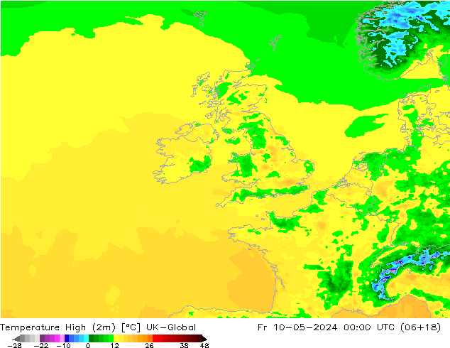 Temperature High (2m) UK-Global Fr 10.05.2024 00 UTC