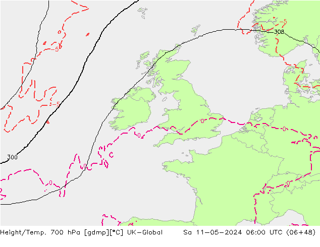 Height/Temp. 700 hPa UK-Global sab 11.05.2024 06 UTC