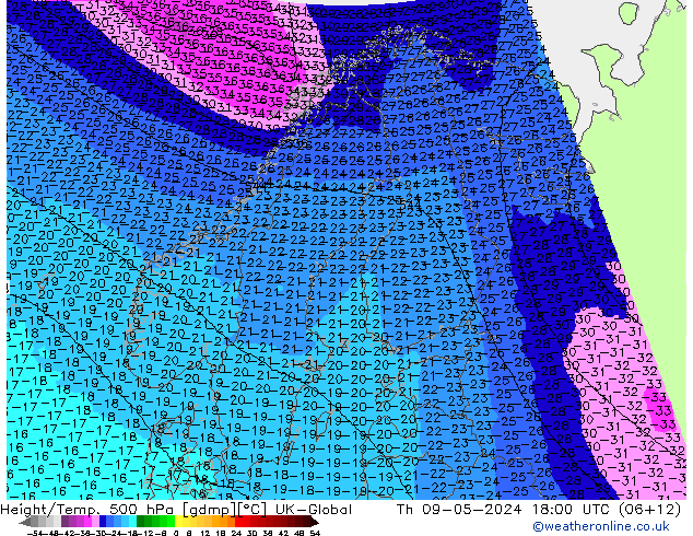 Geop./Temp. 500 hPa UK-Global jue 09.05.2024 18 UTC