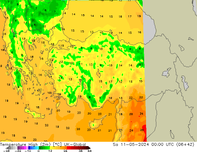 Nejvyšší teplota (2m) UK-Global So 11.05.2024 00 UTC