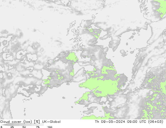 Cloud cover (low) UK-Global Th 09.05.2024 09 UTC