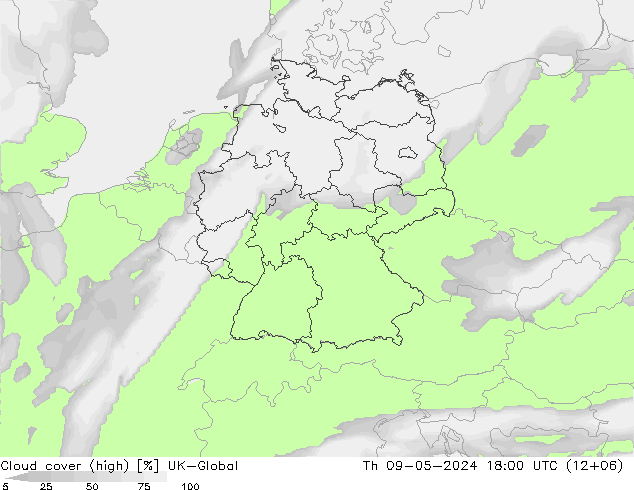 Cloud cover (high) UK-Global Th 09.05.2024 18 UTC