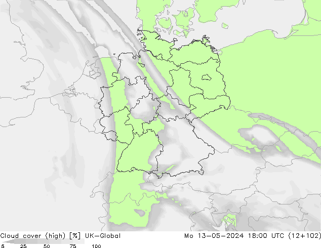 Cloud cover (high) UK-Global Mo 13.05.2024 18 UTC