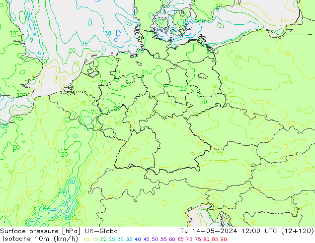 Isotachen (km/h) UK-Global di 14.05.2024 12 UTC