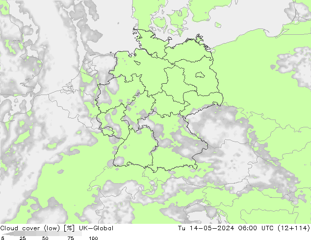 Cloud cover (low) UK-Global Tu 14.05.2024 06 UTC