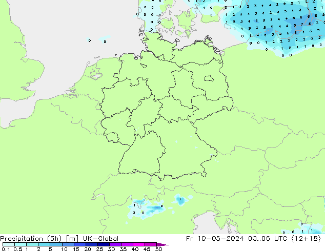 Precipitation (6h) UK-Global Pá 10.05.2024 06 UTC