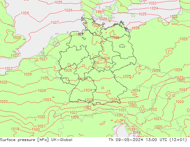 地面气压 UK-Global 星期四 09.05.2024 13 UTC