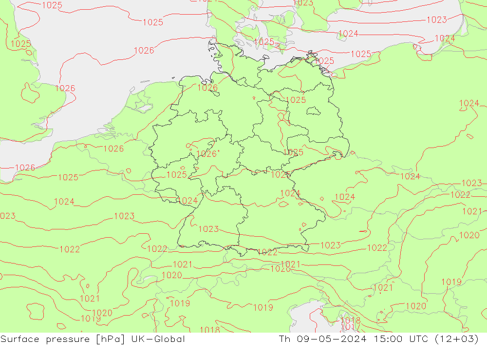 Presión superficial UK-Global jue 09.05.2024 15 UTC