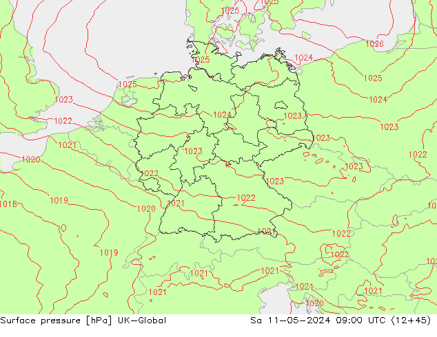 Pressione al suolo UK-Global sab 11.05.2024 09 UTC