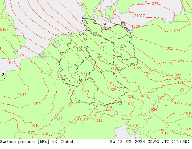 Pressione al suolo UK-Global dom 12.05.2024 09 UTC