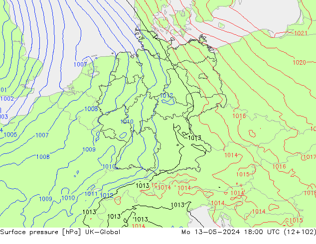 Pressione al suolo UK-Global lun 13.05.2024 18 UTC