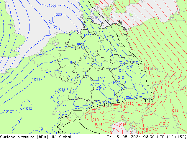 Presión superficial UK-Global jue 16.05.2024 06 UTC
