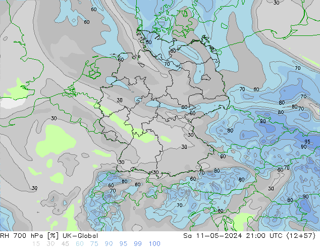Humedad rel. 700hPa UK-Global sáb 11.05.2024 21 UTC