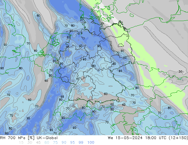 Humidité rel. 700 hPa UK-Global mer 15.05.2024 18 UTC