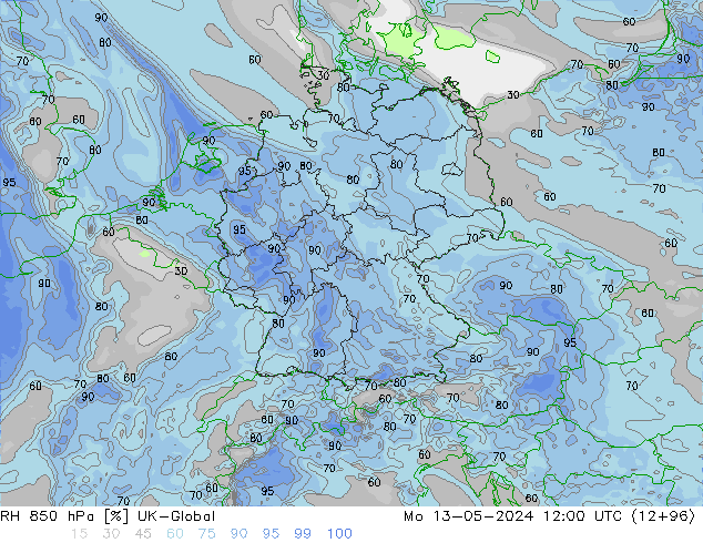 Humidité rel. 850 hPa UK-Global lun 13.05.2024 12 UTC